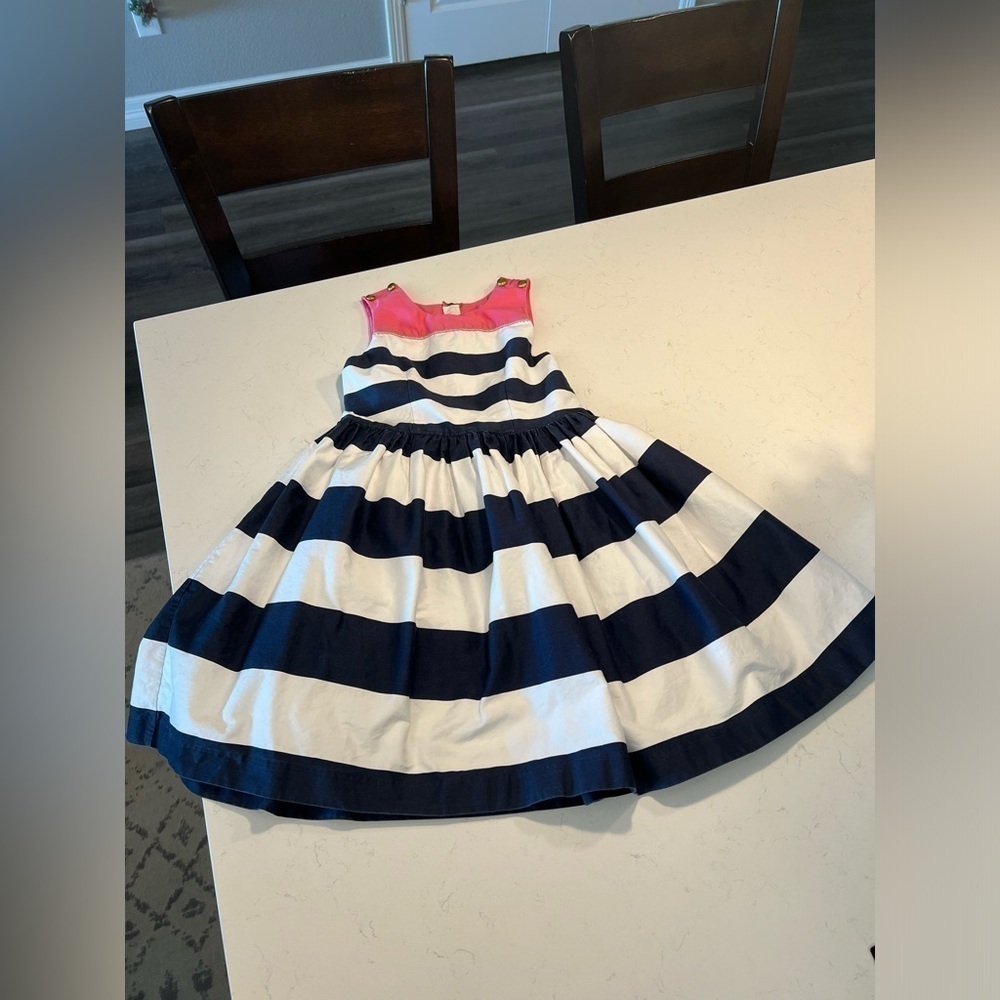 Isaac Mizrahi Girls Blue/White Stripe Dress Sz 10 Sleeveless Nautical Pink Pleat